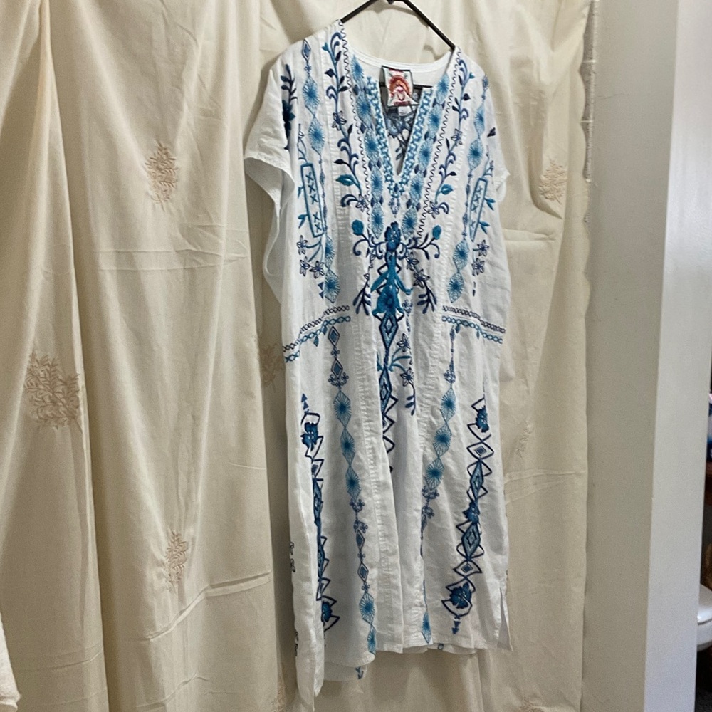 Johnny Was White Dress with Blue Embroidery